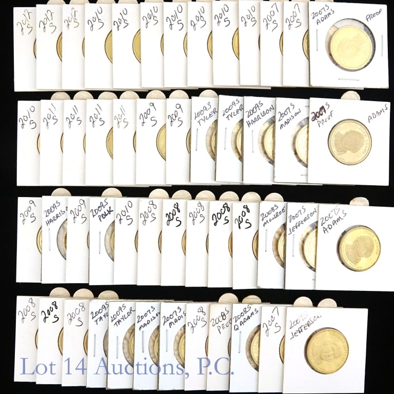 2007s - 2012s USA Proof Presidential $1s, 50: Fifty (50) United states proof "s mint" presidential dollar coins. Per consigner, in PR-60 to PR-65 condition. Dates and counts as follows: ---2007-s (11); ---2008-s (12); ---2009-s (11); ---2010-s (9