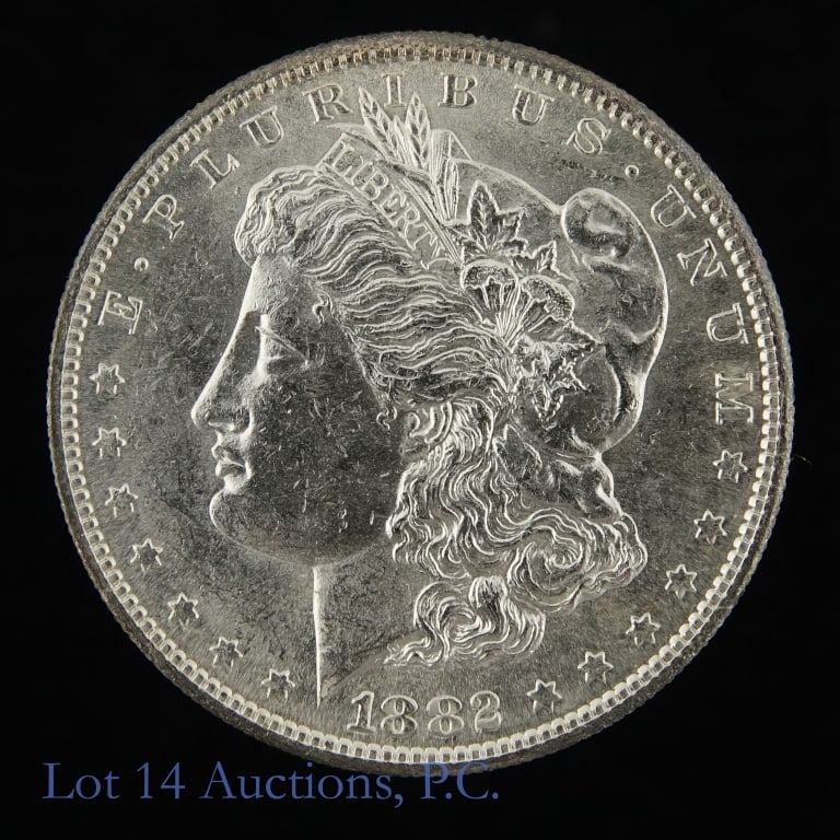 1882-S USA Silver Morgan Dollar (CH BU P/L): 1882-S United States silver Morgan dollar (San Francisco Mint). Designer is George T. Morgan. Per consigner, in CH BU P/L condition with slight toning on edge. Mintage 9,250,000. Silver content confir