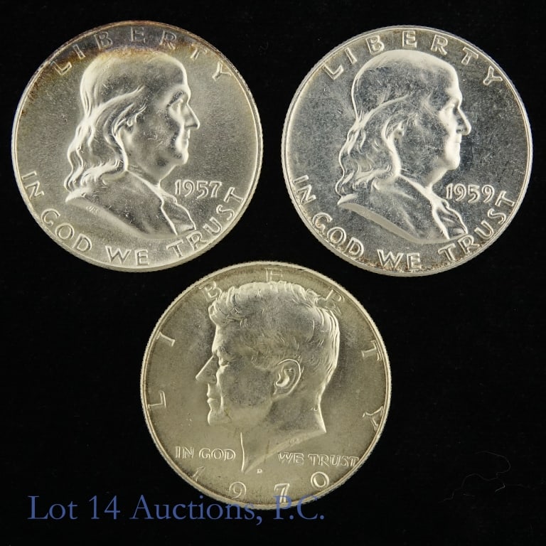 1957 - 1970 USA Silver Half Dollars (3): Three (3) United States silver uncirculated half dollars (Philadelphia, Denver Mints). Per consigner, CH BU condition with dates, mintages and consigner comments as follows: ---1957 (P) 90%-silver wit