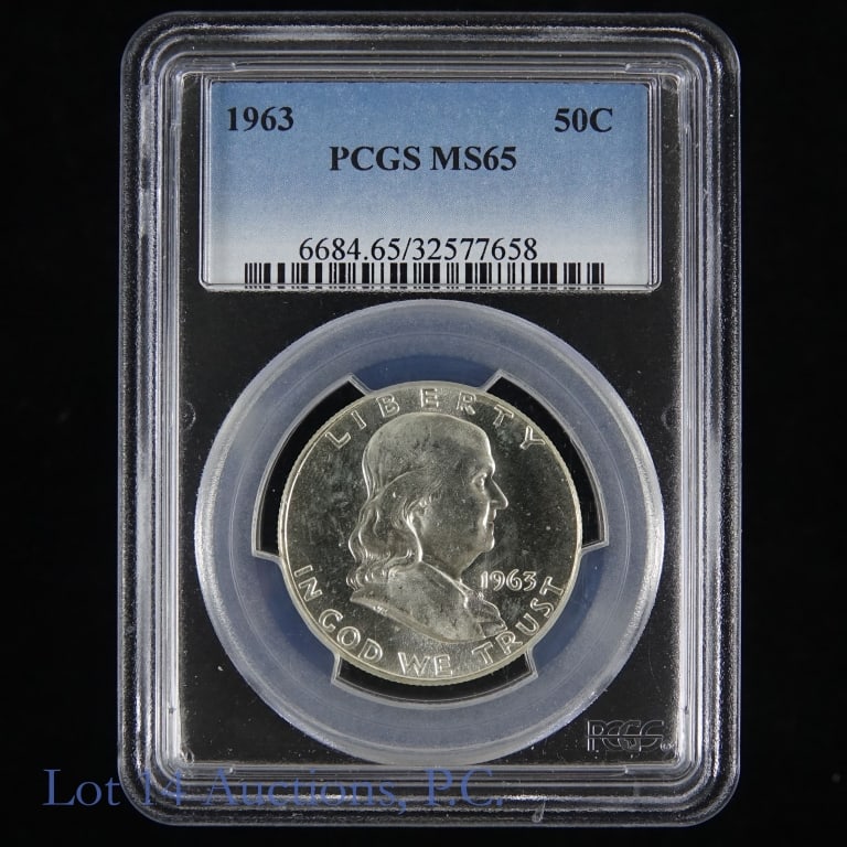 1963 (P) USA 90%-Silver Franklin 50c (PCGS MS65): 1963 United States 90%-silver Franklin half dollar (Philadelphia Mint). PCGS graded MS65. Per consigner, has superb luster. Greysheet value at MS-65 is $36 (wholesale) to $49 (retail). PCGS survival e