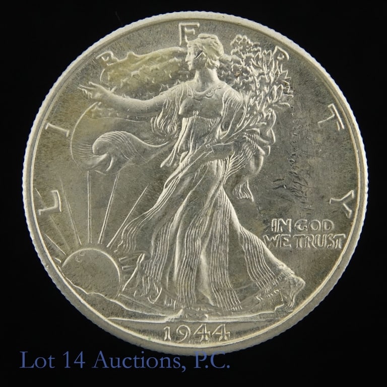 1944-D USA 90%-Silver Walking Liberty 50c: 1944-D United States silver walking liberty half dollar (Denver Mint). Per consigner, in BU condition with full mint luster. Metal is 90% silver and weighs 12.50 grams. Mintage is 9,769,000 with a PCG