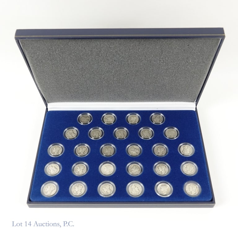 USA 90%-Silver Mercury Dimes in AHS Display (27): Twenty-seven (27) United States 90%-silver mercury dimes in an American History Society (AHS) display case. *** Lot 14 Auctions is not a professional numismatic grading agency. Consigner descriptions 
