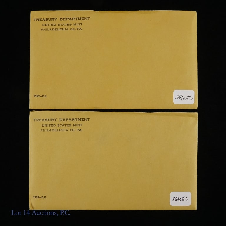 1959 USA 5-Coin Silver Proof Set IN SEALED OGP, 2: Two (2) 1959 United States silver 5-coin proof set (Philadelphia Mint) IN SEALED OGP, in vault unopened for past 66 years. Half dollar, quarter and dime metal is 90% silver. Lot ASW is +1.2 ozt. Minta