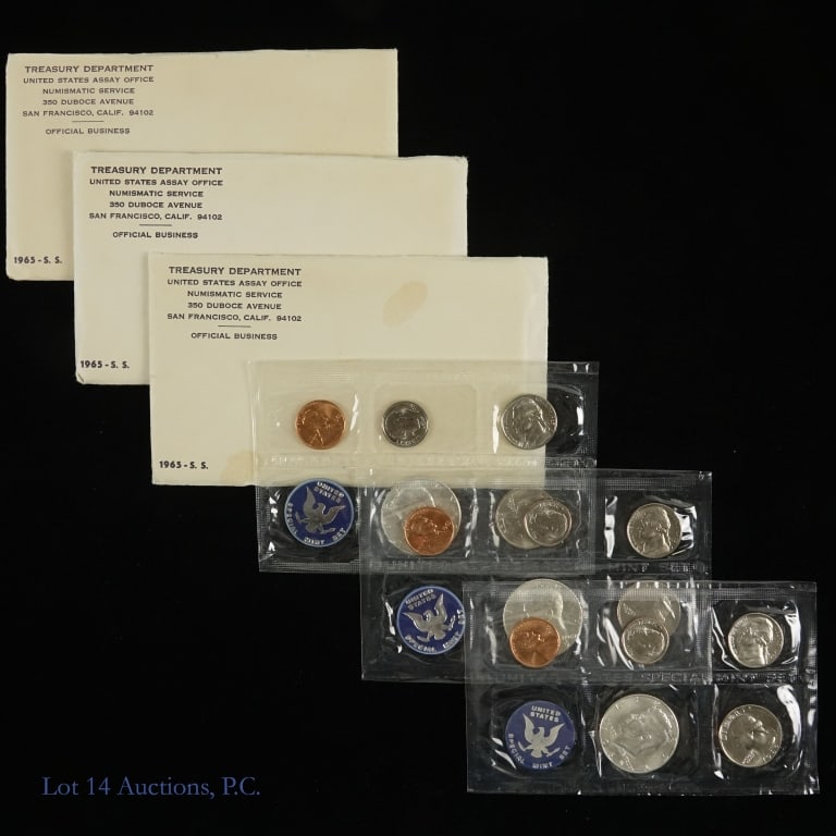 1965 (S) USA Silver 5-Coin Special Mint Sets, 3: Three (3) 1965 (S) United States 40% silver 5-coin special mint sets (San Francisco Mint) in OGP. Proof like coins issued in lieu of regular proof or mint sets. Kennedy half dollar's metal is 40%-silv