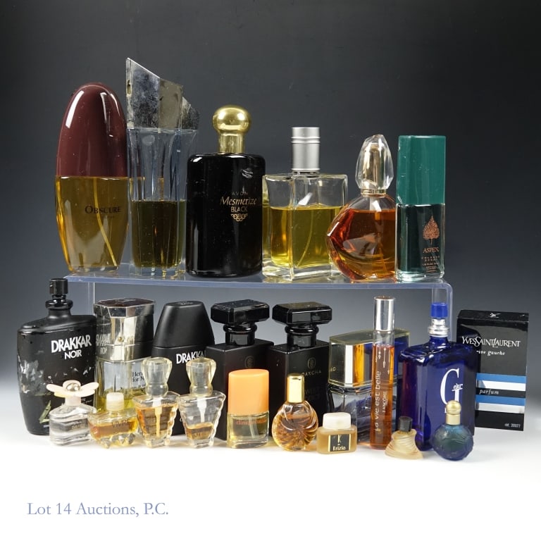 Vintage Fragrances, Perfumes, Colognes (24): Twenty four (24) various vintage perfumes and colognes. 11 minis - YSL, Lancome, Marc Jacobs, Krizia and more. 13 big bottles - Thierry Mugler, Carolina Herrera, Guy Laroche and more. All are opened a