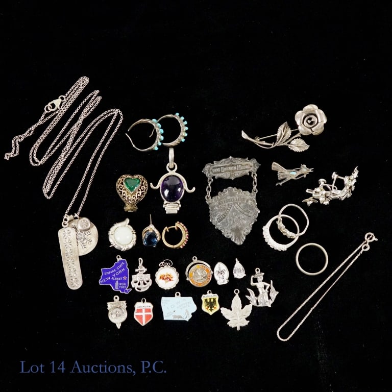 Sterling Silver Jewelry, Charms: Collection of sterling silver jewelry, including charms, pins, earrings, a bracelet, a necklace, and more. All pieces marked "sterling", "925", or equivalent. *** NOTE: A small German charm is marked
