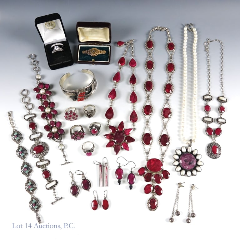 Sterling Silver Jewelry w/ Semiprecious Stones: Large lot of various vintage sterling silver jewelry, most of which have several semiprecious stones along the lines of spinel, chrysoberyl, or similar. Includes four necklaces, three bracelets, one c