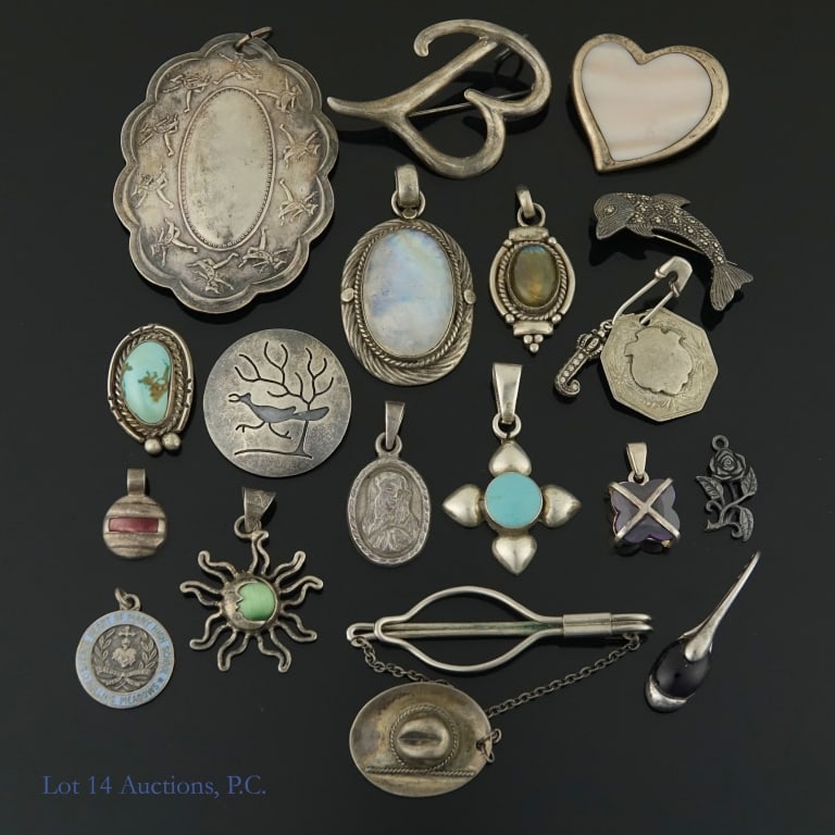Sterling Silver Pins, Brooches Pendants: Sterling silver pins, brooches, and pendants (no chains). All pieces (except one*) are either marked "sterling", "925", or have electronically tested as 92.5% sterling silver. * The small religious me
