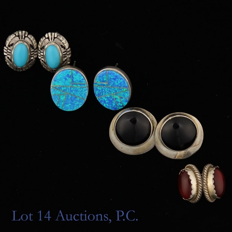 Sterling Silver Designer Earrings (Begay & More): Four sets of fine sterling silver earrings by various designers. The first set is designed Calvin Begay and is made with blue opal. The second set features onyx and is signed NT, along with a sun. The