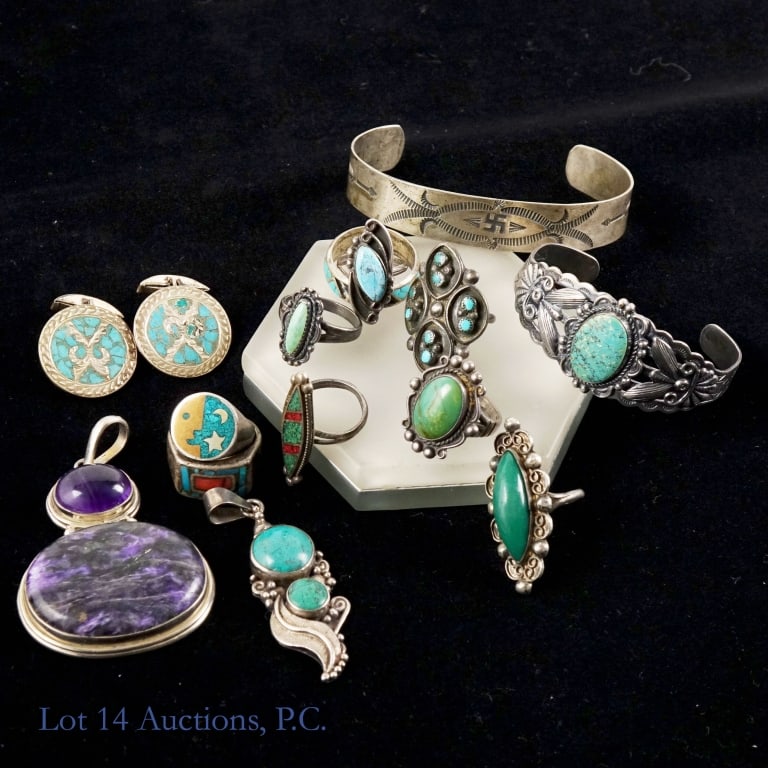 Antique or Vintage Native American Jewelry Lot: 15 pieces of jewelry, many of which are made with sterling silver or similar. 8 are marked with something denoting them as sterling, 7 are either unmarked or their marks are too faded to make out. Lot