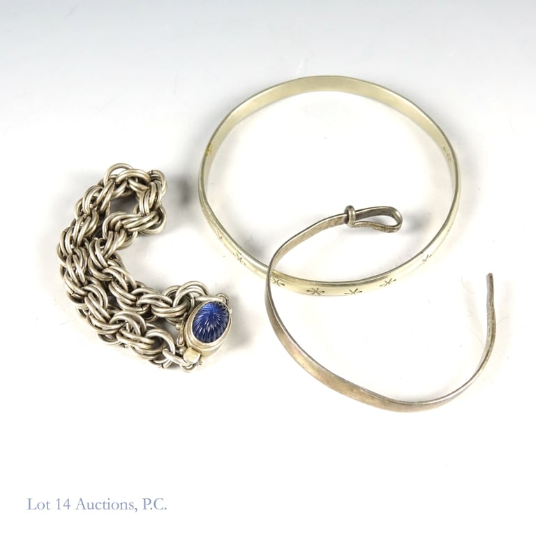 Sterling Silver Bracelets (3): Three sterling silver bracelets - Closed bangle, diameter approximately 2 3/4" ****** Hook style bangle bracelet with a hook broken off ****** Chain bracelet with a blue glass clasp, approximately 7" 