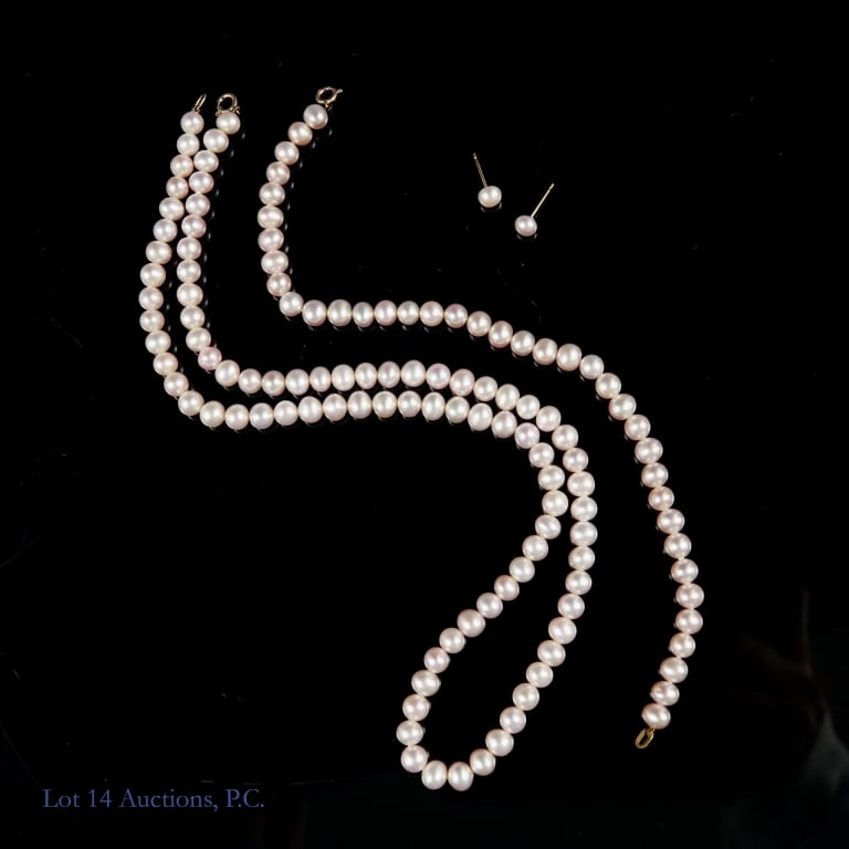 Pink Pearl Jewelry Set w/ 10k Gold Clasps: Set of matching pink pearl jewelry. Includes 16.5" necklace with 10k yellow gold clasp, 7.5" bracelet with 10k yellow gold clasp, and set of stud earrings with the posts and backings made with 10k yel