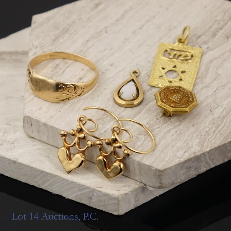 Mixed Gold Jewelry *: Six pieces of gold jewelry. Includes a pendant which is unmarked but passed a 14k acid test, a pin with a 10k top, an opal pendant marked 2k gold(* CORRECTION - 2KGF), a ring marked 14k, and a set of 