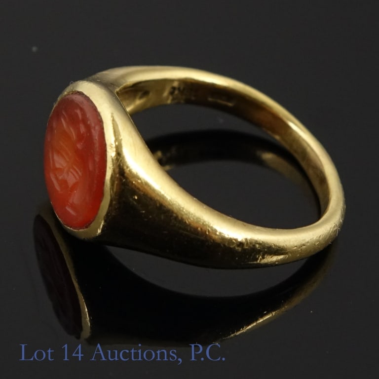 18K Gold Signet Ring With Carnelian Intaglio: 18K yellow gold Signet Ring with Carnelian Intaglio. Size 6-3/4. Weight approximately 0.24 ozt.