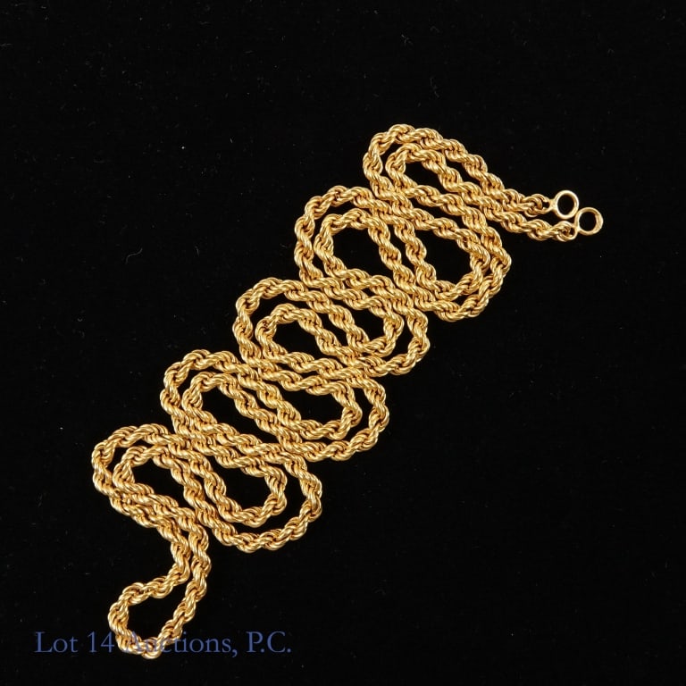 14k Y Gold Rope-Style Necklace Chain - No Clasp: Yellow gold rope style necklace. Marked "14K". Electronically tests for 14 karat gold. Weight approximately: 12.55 grams. Length approximately: 25.75". Clasp is missing.