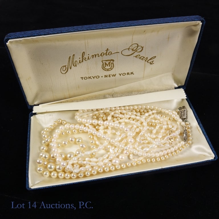 Pearl Necklace w/ Gold or Silver Clasps: Three pearl necklaces, two with gold clasps and one with a sterling silver clasp. The silver clasp necklace is 17.5" long. One of the gold clasp strands is 14k with a long string of freshwater pearls,