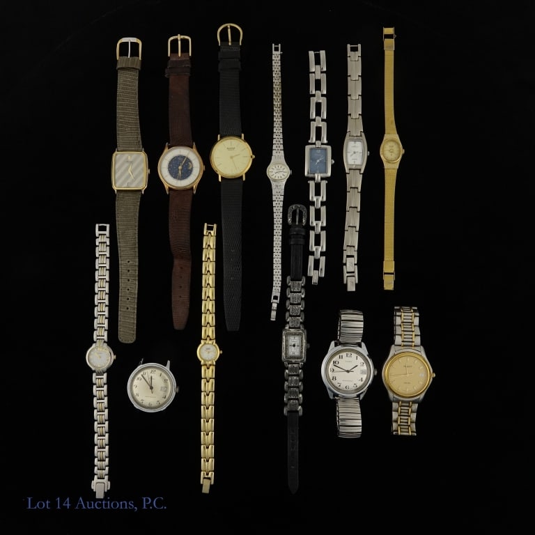 13 Vintage Watches: 13 vintage watches in varying condition from varying makers. Lot includes: three Timex watches, three Citizen watches, two Seikos, one Tissot, one Brighton, one Bulova, one Anne Klein, one Fossil F2.