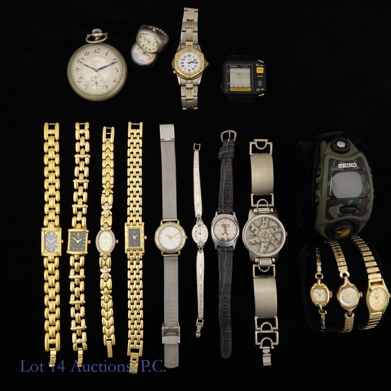 Mixed Watches Lot: 17 watches of varying age and condition. Watchmakers include: Seiko, Skagen, Elgin, Casio, Armitron, Collezio, Voges, Citizen, Bulova, Guess, and Nelsonic.