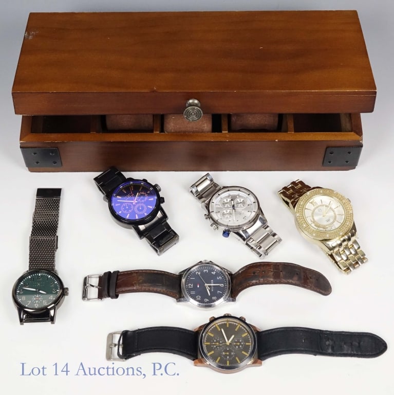 Men's Wristwatches, Wooden Watch box (6): Six (6) men's wristwatches - Joseph Abboud, Hilfiger, More. Watches come in a 5 slot wooden watch box. See photos for details.