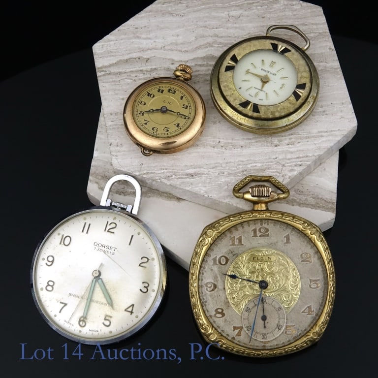 Pocket Watches - Elgin & 3 Swiss: Four (4) pocket watches, not running - Elgin gold tone ornate cushion case, "14K filled" and "1400629" engraved inside the case back. Movement serial number 2535826, 43mm diameter ****** Dorset 7 jewe