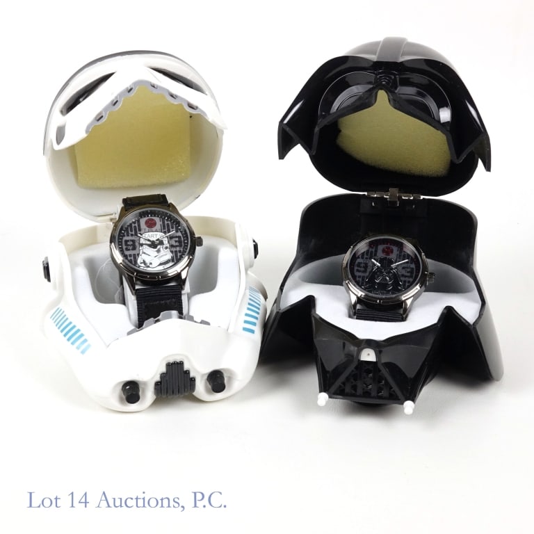 2 MZB Star Wars Watches w/ Collectible Boxes (New): Two watches manufactured by MZB themed around Star Wars. They have similar designs, but the first is a Stormtrooper, model no. SWCAQ334, and the second is Darth Vader, model no. SWCAQ335. Each include