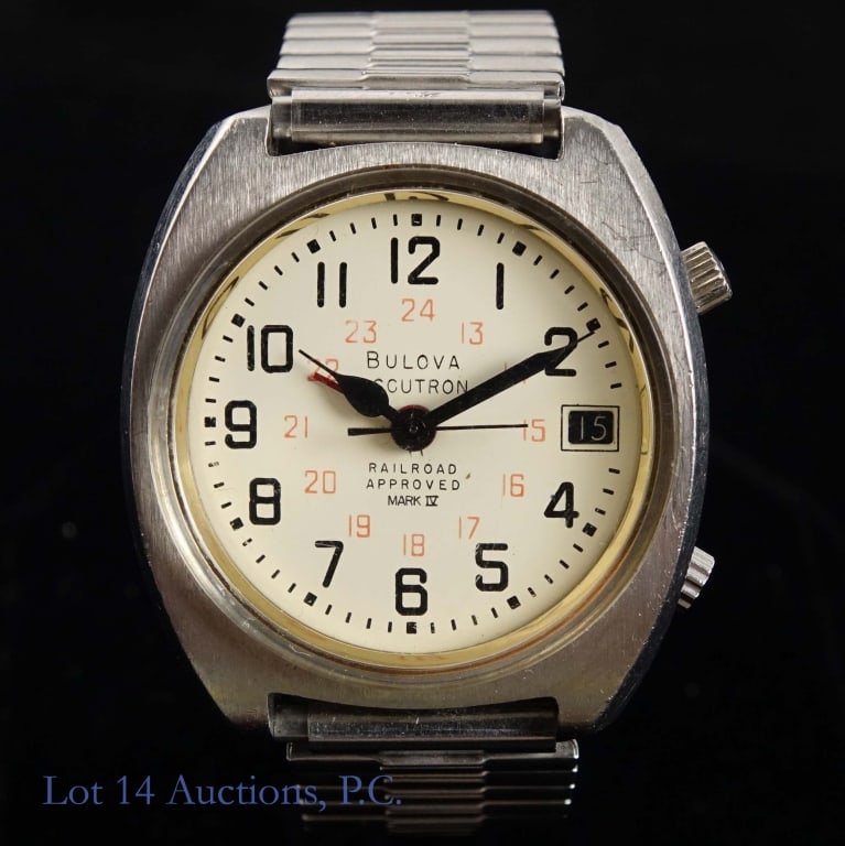 Bulova Accutron RR Approved Mark IV Watch GMT *: 1974 Bulova Accutron Railroad Approved Mark IV GMT Men's Watch. * Not running. Second hand is black and looks shorter than normal. 36mm wide case, 32mm diameter crystal. Spiedel bracelet. Date window