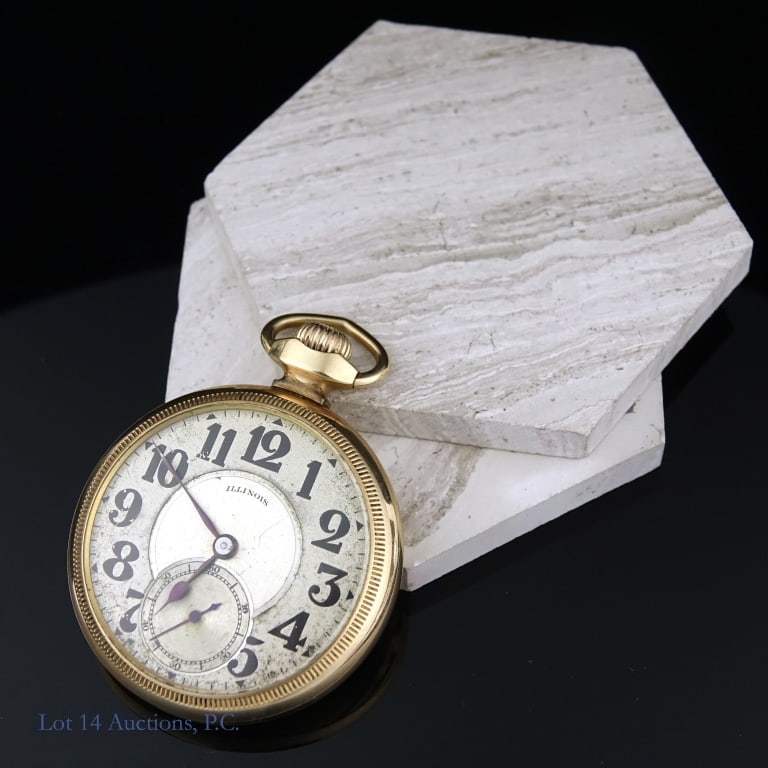 Illinois Bunn Special 10k GF Railroad Pocket Watch: Antique Illinois Bunn Special railroad-certified pocket watch. Running, not tested for timekeeping. 10k Gold Filled case. Fairly good condition; face needs cleaning, but internal workings look clean a