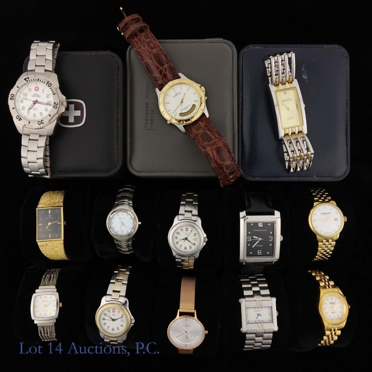 Wristwatches, Reymond Weil, Swiss Army, More (13): Five (5) men's wristwatches - Swiss Military, Manhattan, Poseidon, Cerentino and Jules Jurgensen ****** Eight (8) women's wristwatches - Reymond Weil (manual overwound), Swiss Army, Bulova, Skagen, Vi