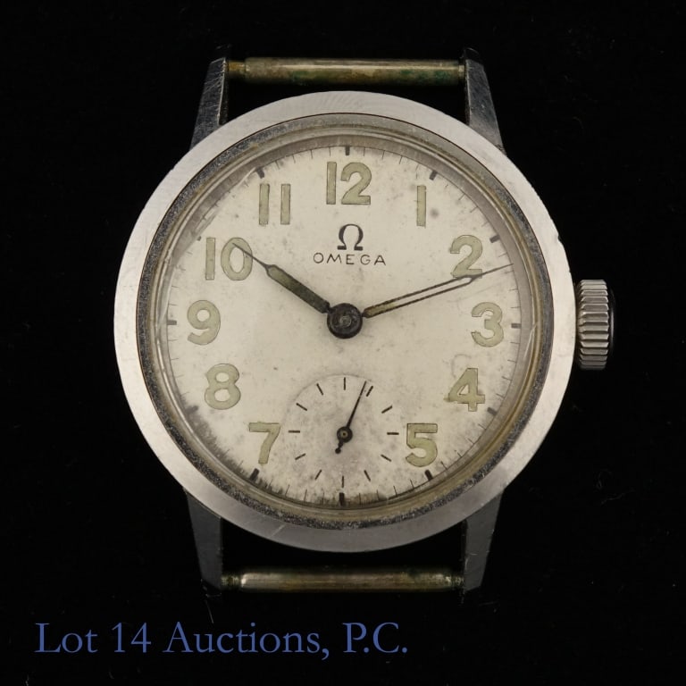 1940s Omega WWII Military Style 2162 Wrist Watch: 1940s Omega WWII military style hand winding wrist watch. Reference 2162. Movement serial #9595208. Stainless steel case, seconds sub dial at 6 o'clock. Strap not included. Some discoloration on the d