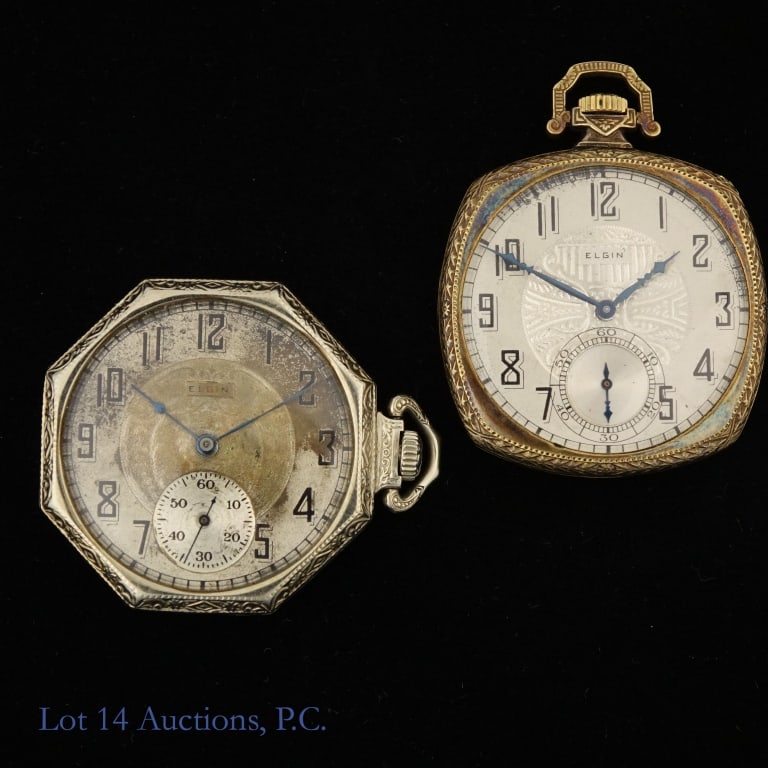 14K WG Assay & YG Filled Elgin Pocket Watches: Octagonal Elgin pocket watch. "14K warranted to assay" stamp inside the case back. 17 jewels movement. Upon winding, watch was observed to be running and appears to keep time. It has not be profession
