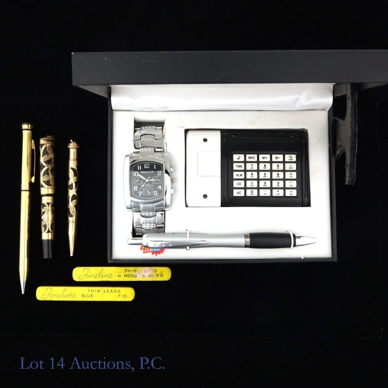 Gold-Filled Pens, Pencils & Office Gift Set: One 14k Gold Filled pen with a matching 14k GF pencil. Second, non-matching 12k GF pencil and two containers of lead replacements. Also included is a Montres Carlo desk gift set, which includes a watc