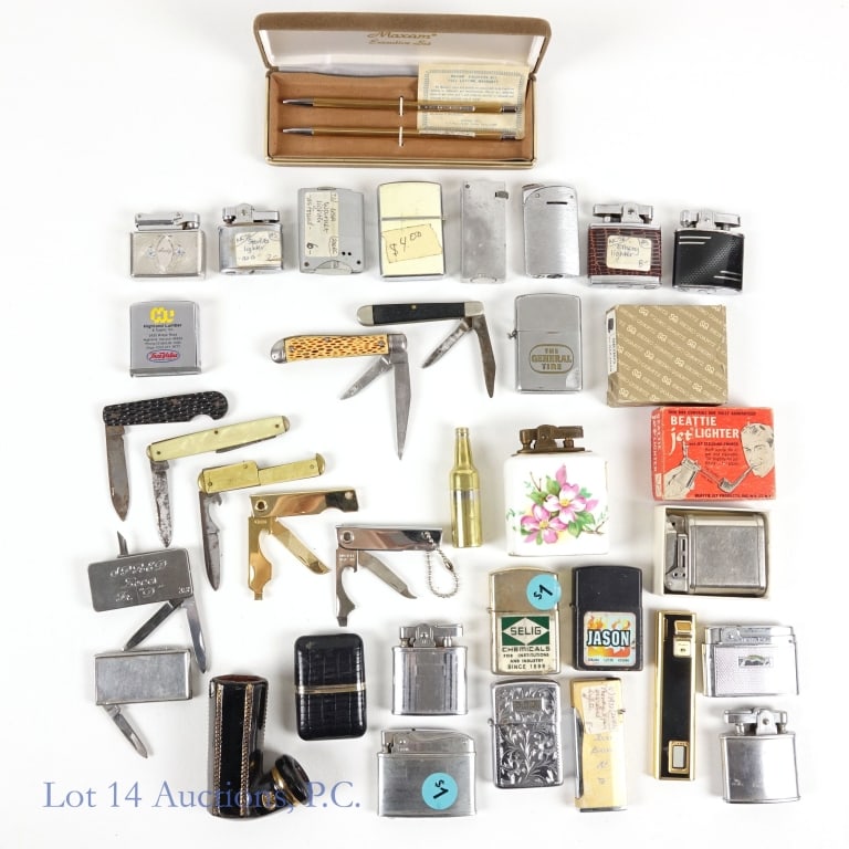 Vintage Lighters, Pocket Knives And More: Twenty One (21) various vintage lighters ****** One (1) Zippo measuring tape ****** Two (2) small folding travel digital desk clocks (one of them Seiko in the retail packaging) ****** One (1) ceramic 