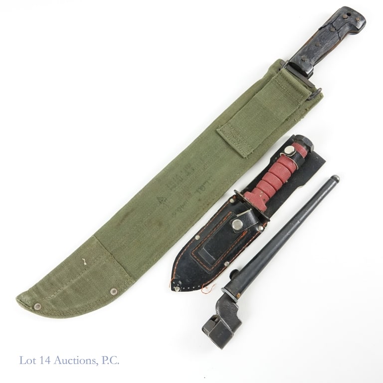No 4 Mk2 Spike Bayonet, Machete & Knife: Spike bayonet - side of the bridge stamped "No 4 MK II". Small "A" in a circle stamped beneath that. Entrance to throat of scabbard stamped "No 4 Mk I" (the second roman numeral may be missing) and "S