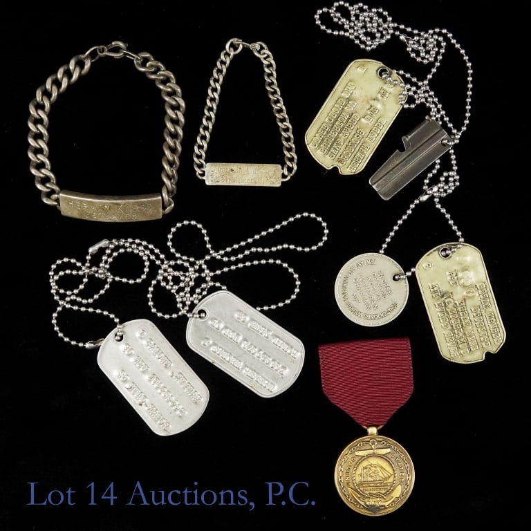 WWII Dog Tags, Sterling ID Bracelets, Navy Medal: U.S. Navy Good Conduct Medal, Type III ****** Two (2) sets of U.S. Army WWII era identification tags on bead chains ****** Two sterling silver identification bracelets. One of them has the name and nu