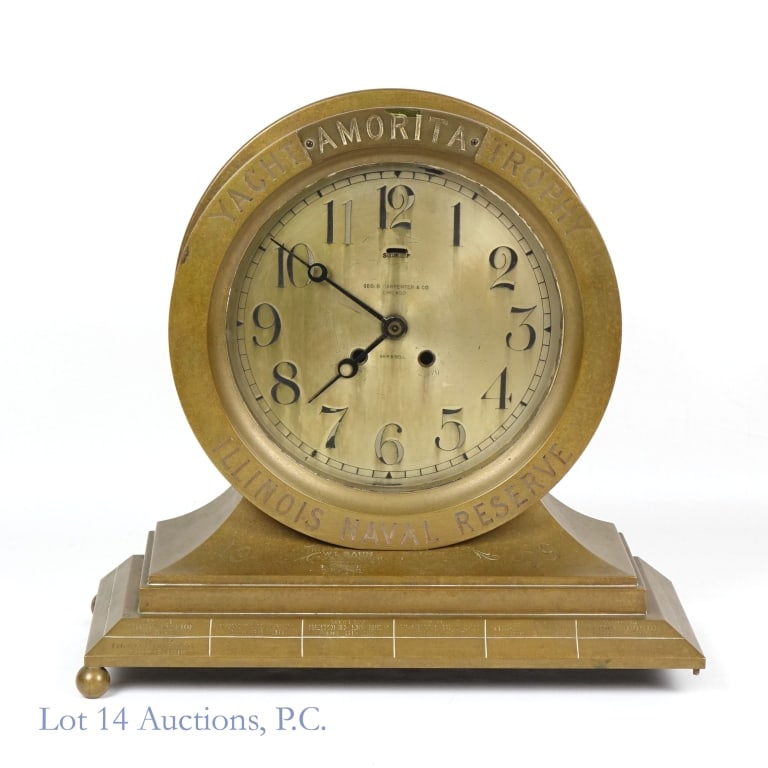 1909 Carpenter & Co. Chelsea Style Trophy Clock *: Geo. B. Carpenter & Co. Chicago 1909 large Chelsea style ship's bell trophy brass clock. "Amorita Yacht Trophy Illinois Naval Reserve" engraved around the dial. Winning divisions and dates for years 1