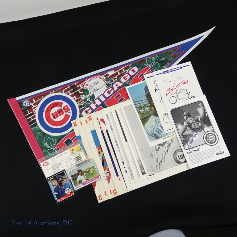 Collection of Chicago Athlete Autographs: *** This lot is sold "as is" with no guarantees of COAs. *** 2004 Chicago Cubs stiff felt pennant signed by two players (inscribed "To Peter"). One is Andre Dawson, the other is unknown. ****** (2x) p