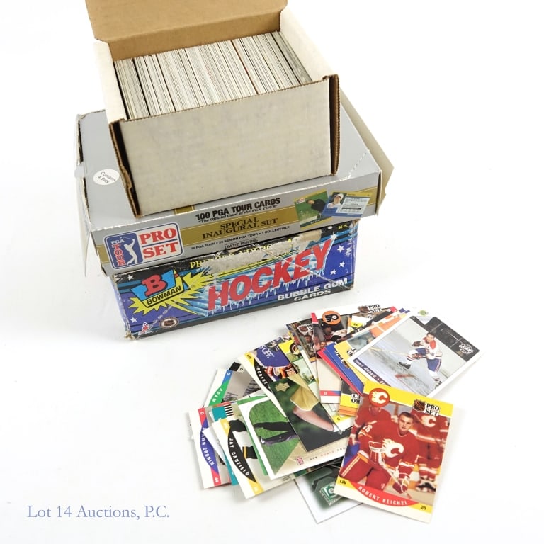 Hockey & Golf Trading Cards: Wax box of 1990 Bowman NHL hockey cards 33 sealed packs - missing 3 packs. Box is in rough condition. ***** Small group of loose 1990 NHL Pro Set hockey cards ***** 1990 Special Inaugural PGA Tour Pro