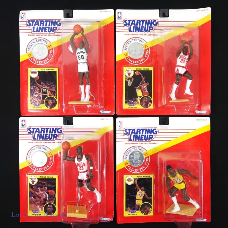 NBA Starting Lineups (Jordan Johnson Robinson): Four (4) 1991 Special Edition Starting Lineup figurines - all four new in package. Each one has the figurine, collector's coin, and basketball trading card. Two (2) different Michael Jordan figurines 
