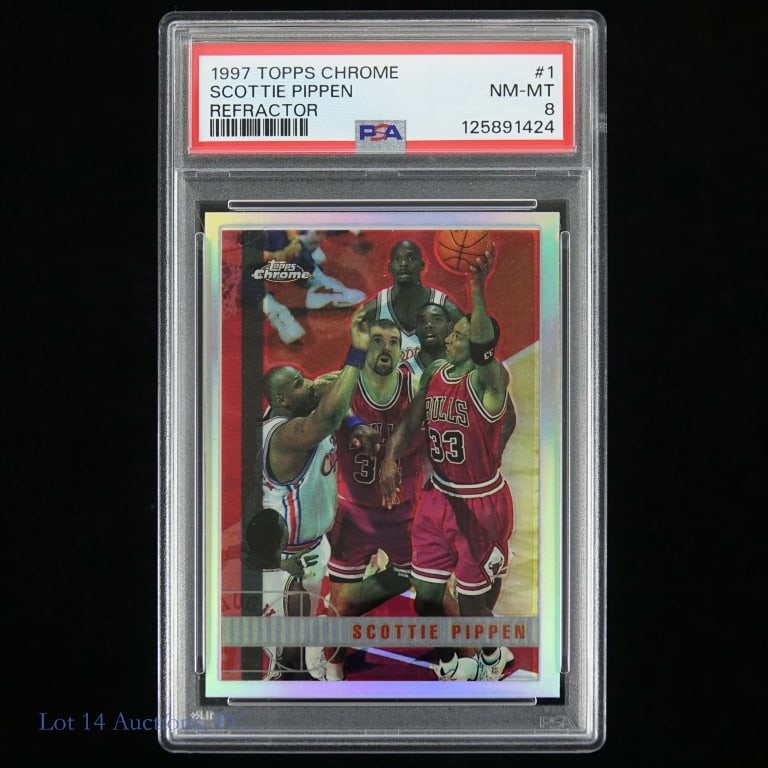 1997 Topps Refract #1 Scottie Pippen (PSA 8 NM-MT): 1997 Topps Chrome Refractor #1 Scottie Pippen NBA Basketball Trading Card (PSA 8 NM-MT) (PSA Certification: 125891424).