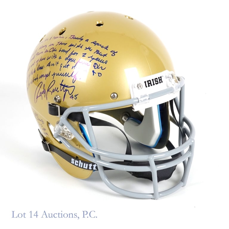 Rudy Ruettiger FS ND Helmet (Speech & Play), COA: Full-size Notre Dame helmet signed by Daniel "Rudy" Ruettiger. In addition to his signature, Ruettiger has inscribed the helmet with the monologue delivered by actor Charles S Dutton as the groundskee