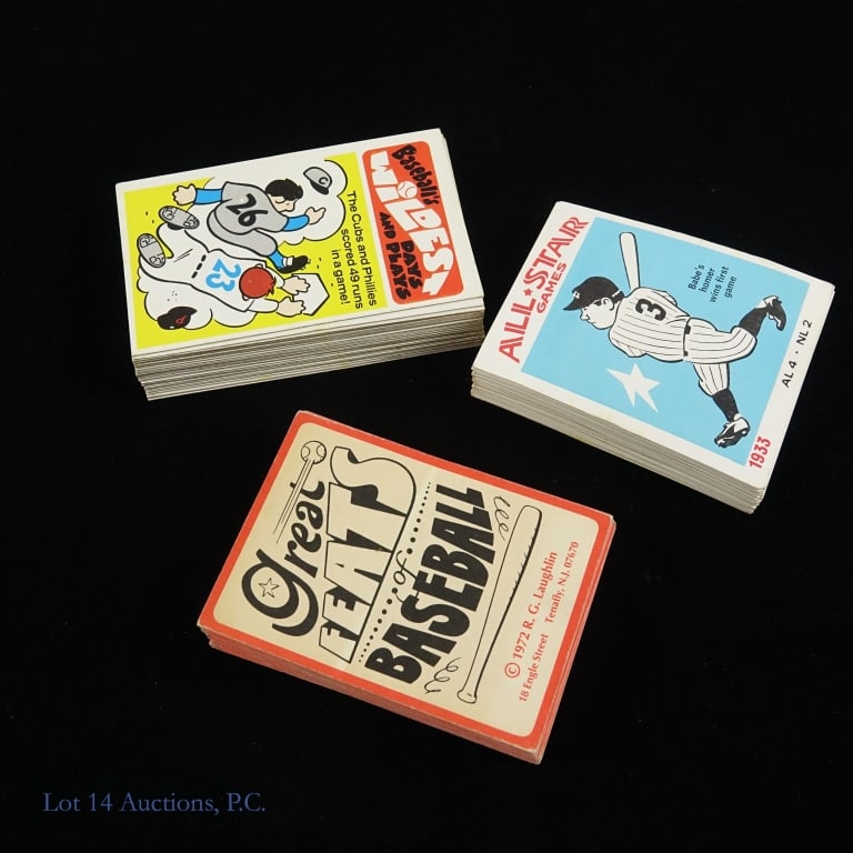 1970s Laughlin Baseball Card Sets (3): Three (3) complete sets of baseball cards by artist R.G. Laughlin of Tenafly, New Jersey: 1972 "Great Feats of Baseball" - Red - 50 numbered cards + a cover card. Some wear. 2-9/16" x 3-9/16". ***** 1