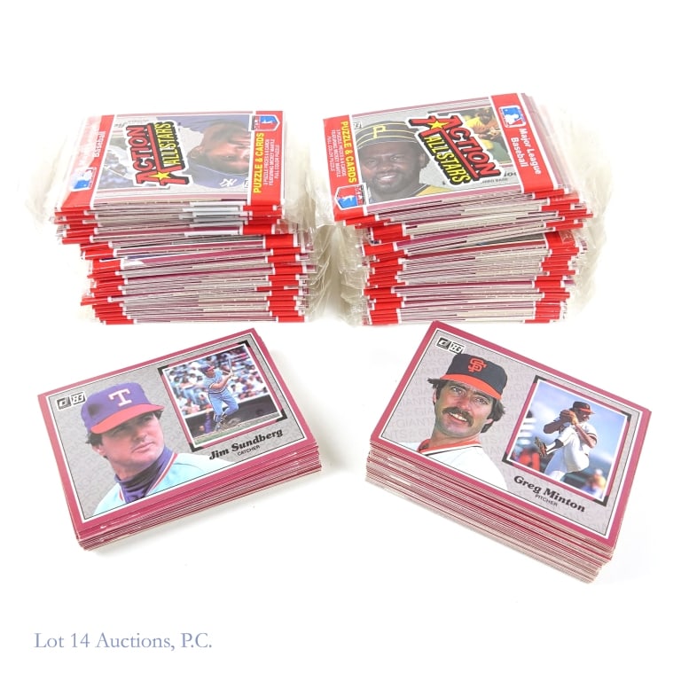1983 Donruss Action All-Stars (49 Sealed Packs+): 49 sealed cellophane packs of 1983 Donruss Action All-Stars baseball cards. These are large format cards (5" x 3.5"). Each pack contains 6 cards and 3 puzzle pieces to the Mickey Mantle puzzle from th