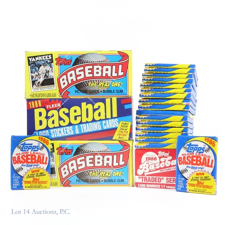 1986 Topps 1988 Fleer Baseball Card Wax Boxes +: 1 (one) opened box of 1988 Fleer baseball card wax packs - 36 sealed packs (15 cards + 1 sticker per pack) ***** Two (2) opened boxes of 1986 Topps baseball card wax packs - Each box has 36 sealed pac