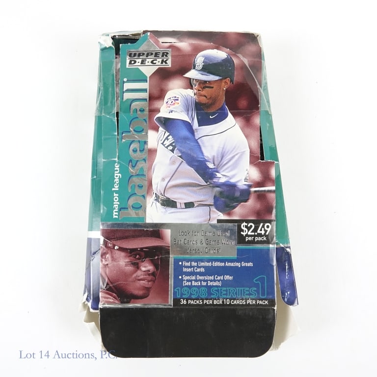 1998 Upper Deck Baseball Cards (12 Foil Packs): Twelve (12) 1998 Upper Deck Series 1 sealed foil packs. Includes rough condition hobby box. This lot also includes 10 loose cards from the 1998 Upper Deck set. Random packs in this set included used b