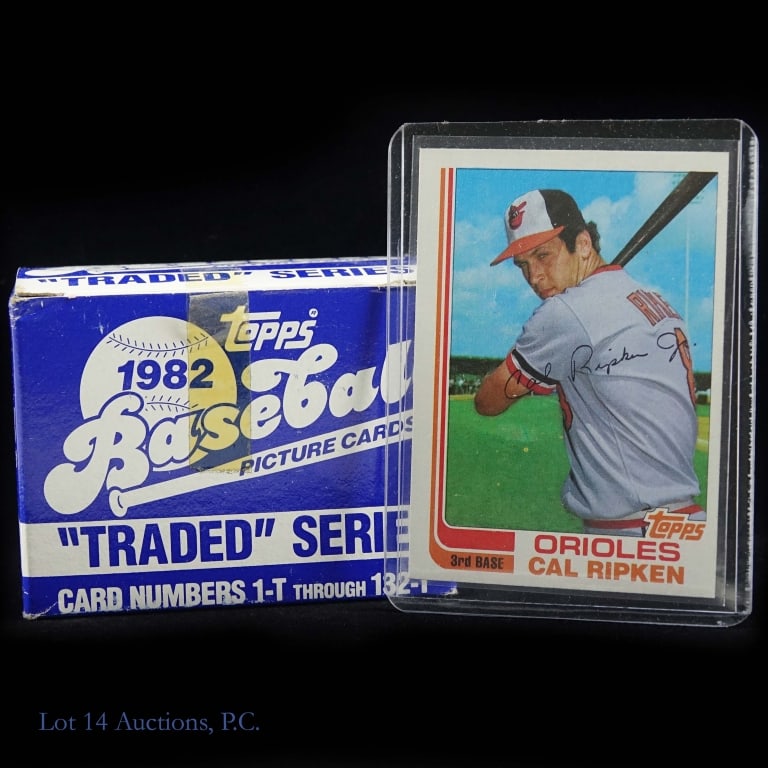 1982 Topps Traded Baseball Card Set: Complete 132 card set of the 1982 Topps Traded baseball cards. Comes in original (opened) box. The Cal Ripken Jr. card (# 98T) is in a plastic holder (as it arrived to us).