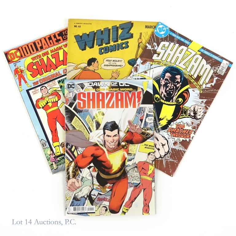 Whiz Comics #63, Early Shazam!, DC (4): Whiz Comics #63, early Shazam!, DC (4). Whiz Comics #63 and three (3) other Shazam! comic books through multiple eras. No staple rust detected on any of the comics. #63 - spine lines, wearing along th