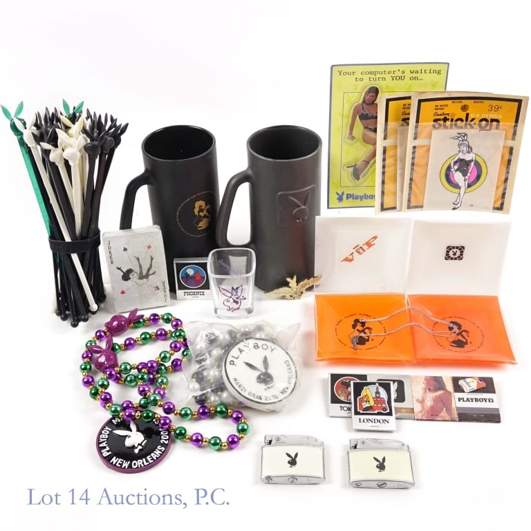 Vintage Playboy Club Memorabilia: Vintage Playboy Club Lot - 2 steins with drink stirrers, 2 ashtrays, 2 lighters, key pendant necklace, pin, unopened playing cards, shot glass, 2 Mardi Gras beads, 6 matchbooks, 2 stick-on tattoos and