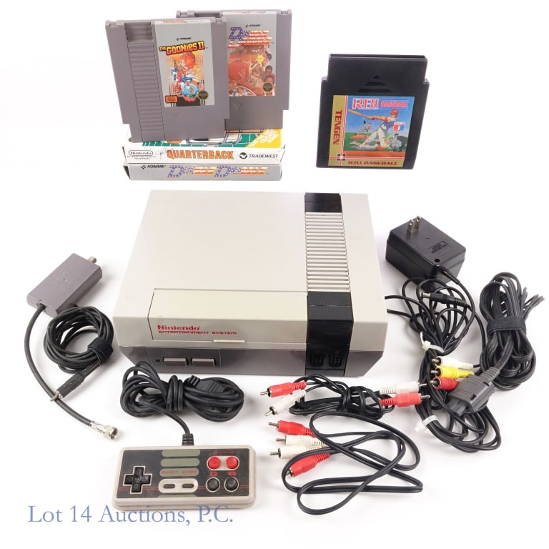 Nintendo NES Console & Games (5): Nintendo Entertainment System NES console - serial number NO995892, power adapter, one (1) controller, A/V cables and five (5) games - R.B.I. Baseball, The Goonies II, two (2) copies of Double Dribble