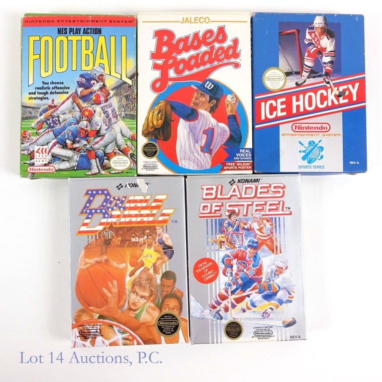 NES Sports Games In Original Boxes W Manuals (5): NES sports games in original boxes with manuals - NES Play Action Football, Bases Loaded, Double Dribble, Blades Of Steel and Ice Hockey.