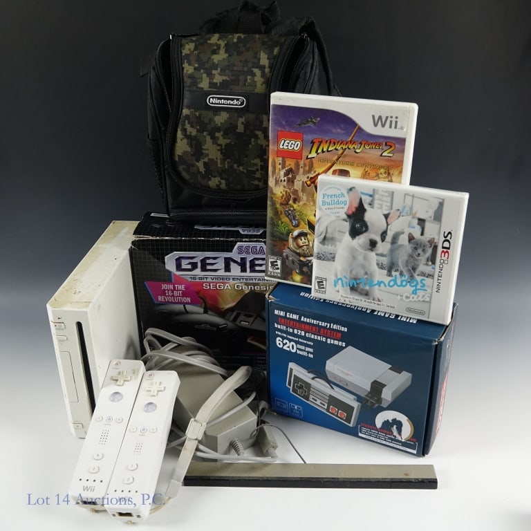 Nintendo Wii Console & More: Nintendo Wii console, power adapter, 2 Wiimote controllers, sensor bar and 3 games - Mario Sports Mix (disc only), 2 copies of Lego Indiana Jones 2 (one with case, one without) ****** Nintendogs + Cat